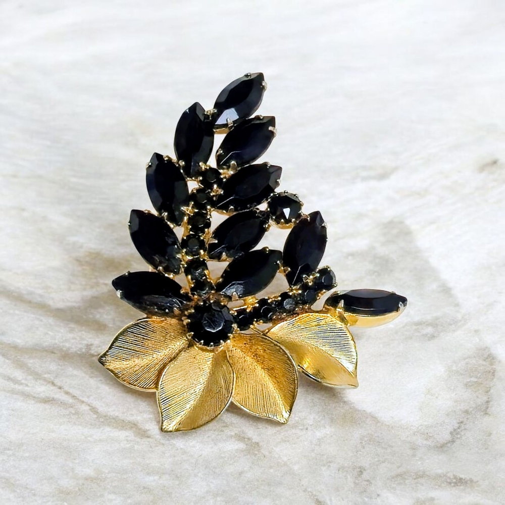 Elegant Black and Gold Leaf Brooch
